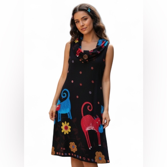 Dresses & Skirts - OIS Whimsical Cat Y2K style midi dress M